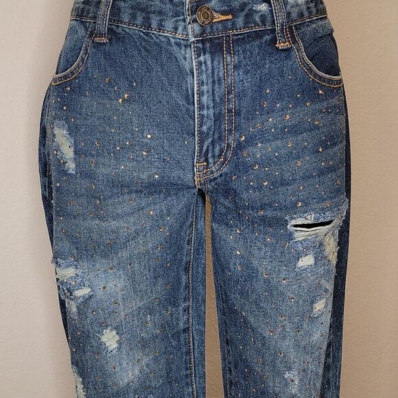 Litz Mid Rise Distressed Jeans with gold bling - Picture 11 of 16
